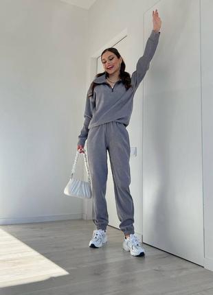 Женский спортивный костюм вельветовый серый прогулочный с джогерами худи весенний3 фото