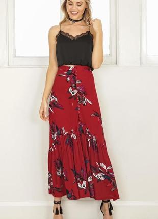 Стильная юбка миди р. s в цветочный принт красная с пуговицами спідниця міді4 фото