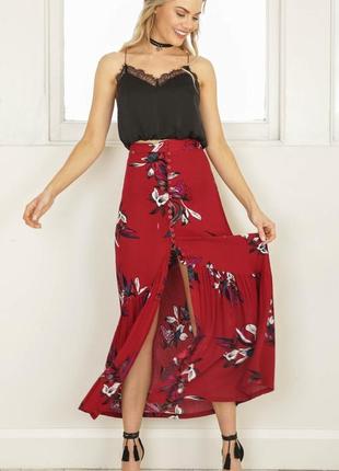 Стильная юбка миди р. s в цветочный принт красная с пуговицами спідниця міді5 фото