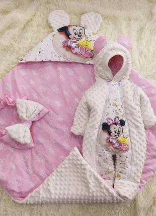 Комплект одежды для новорожденных девочек демисезонный, молочный с розовым, принт minni8 фото