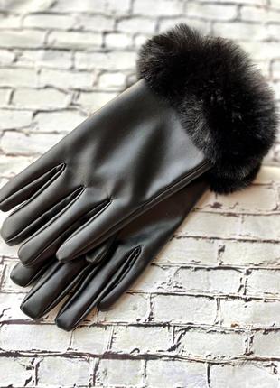 Женские перчатки из экокожи, черные перчатки4 фото