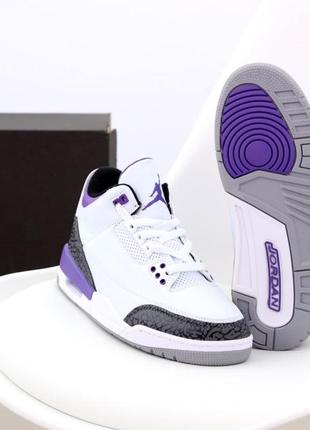 Баскетбольные высокие кроссовки nike air jordan 3 retro white black purple (найк аир джордан белые с серым)