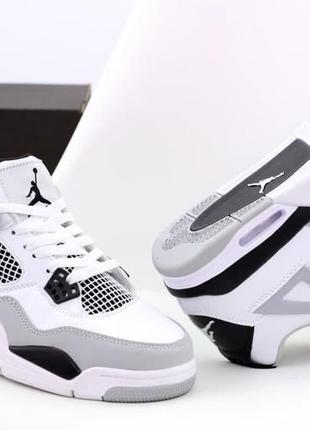 Высокие баскетбольные кроссовки nike air jordan 4 retro white grey (найк аир джордан ретро бело-серые)8 фото