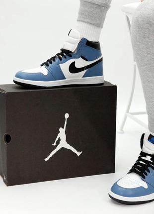 Чоловічі баскетбольні кросівки nike air jordan 1 white blue (найк аир джордан біло-блактині)2 фото