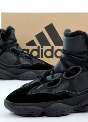 Зимові високі чоловічі кросівки adidas yeezy 500 winter black( адідас ізі 500 чорні на хутрі ,шкіра ,замша )