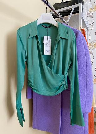 Блузка сорочка рубашка атлас сатин zara на запах укорочена