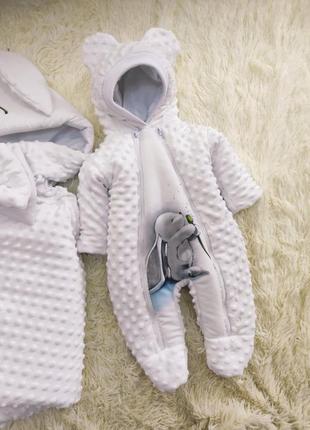 Комплект одежды для новорожденных демисезонный, белый, принт зайчик4 фото