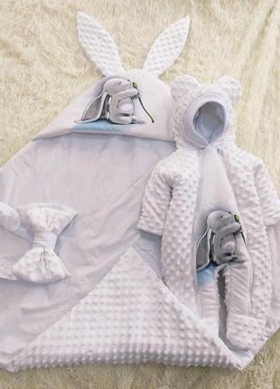 Комплект одежды для новорожденных демисезонный, белый, принт зайчик5 фото