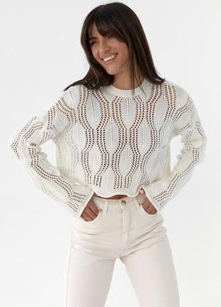 Молочный белый вязанный свитер ажурной вязки с волнистым низом оверсайз1 фото