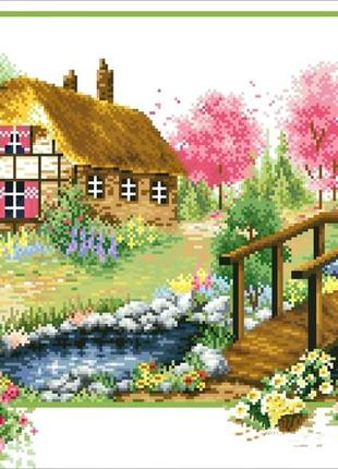 Набор для вышивки крестом  весна пейзаж домик мостик размер картины 61*40 см2 фото