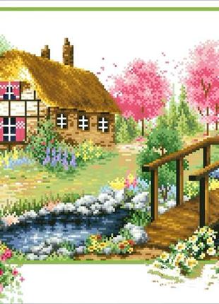 Набор для вышивки крестом  весна пейзаж домик мостик размер картины 61*40 см1 фото