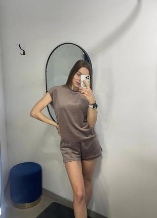 Беж/мокко натуральный велюровый домашний костюм/пижама тройка футболка, шорты, штаны s-l6 фото