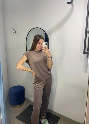 Беж/мокко натуральный велюровый домашний костюм/пижама тройка футболка, шорты, штаны s-l2 фото