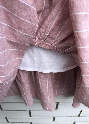 Льняная розовая юбка в полоску, на запах, рюши, воланы, этно бохо стиль.5 фото