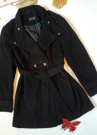 Теплое пальто демисезонное с поясом черное