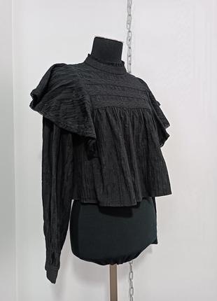Блуза чёрного цвета смесь льна хлопка жатой структуры ghospell, s8 фото