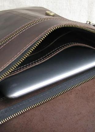 Тонка чоловіча шкіряна сумка через плече з натуральної шкіри планшет месенджер із клапаном коричнева3 фото