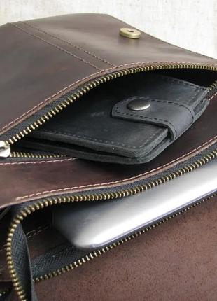 Тонка чоловіча шкіряна сумка через плече з натуральної шкіри планшет месенджер із клапаном коричнева4 фото