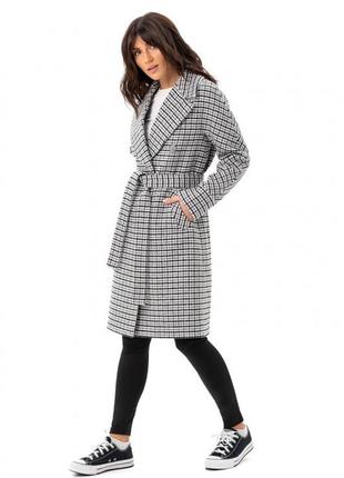 Пальто женское шерстяное оверсайз средней длины демисезонное, весеннее осеннее серое в лапку, клетка3 фото