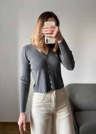 Базовий сірий пуловер - кардиган в рубчик9 фото