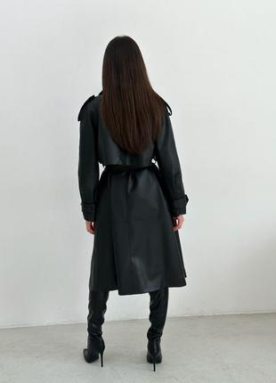 Тренч плащ кожаный из искусственной эко кожи матовый длинный черный бежевый с подкладкой пальто парка курточка кардиган8 фото