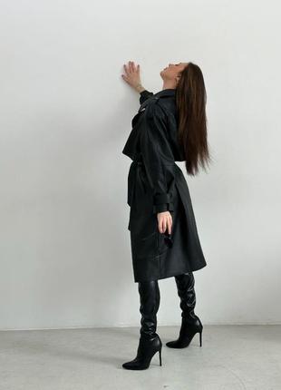 Тренч плащ кожаный из искусственной эко кожи матовый длинный черный бежевый с подкладкой пальто парка курточка кардиган9 фото