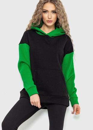 Худи женский на флисе цвет черно-зеленый