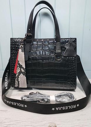 Женская кожаная сумка черная крокодил под крокодила жіноча шкіряна сумка чорна