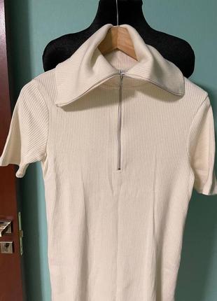 Белое короткое платье-поло/туника/удлиненная футболка в рубчик 8 размера7 фото