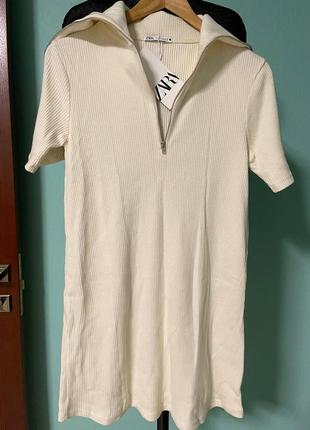 Белое короткое платье-поло/туника/удлиненная футболка в рубчик 8 размера6 фото