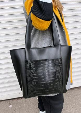 Шоппер черный кропо- карман, женское большое содержимое сумка1 фото