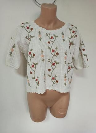 Хлопковый винтажный футболка топ с вышивкой цветы1 фото
