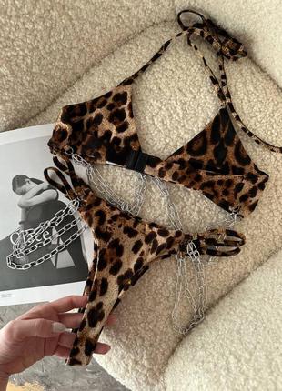 Комплект нижнего белья эротичный сексуальный с цепочками леопардовый, комплект для ролевых игр5 фото