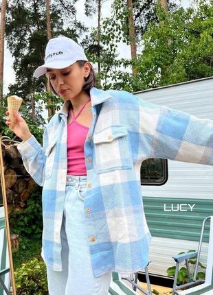 Рубашка в клеточку твидовая шерстяная черная голубая сиреневая пудровая розовая малиновая зелёная свободная оверсайз пиджак жакет кардиган туника