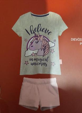 Костюм летний детский на девочку на лето комплект пижама футболка шорты единорог2 фото