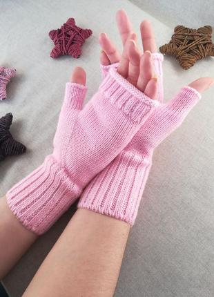 Розовые митенки | вязаные теплые митенки |перчатки без пальцев | шерстяные митенки