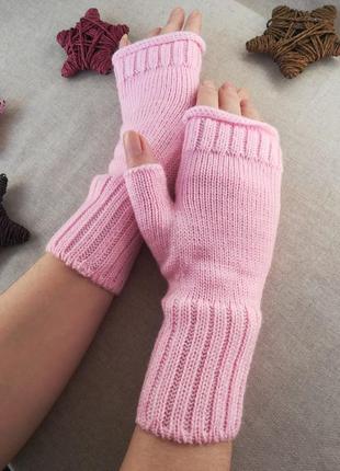 Розовые митенки | вязаные теплые митенки |перчатки без пальцев | шерстяные митенки3 фото