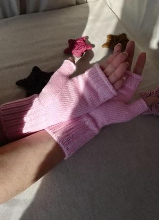 Розовые митенки | вязаные теплые митенки |перчатки без пальцев | шерстяные митенки2 фото