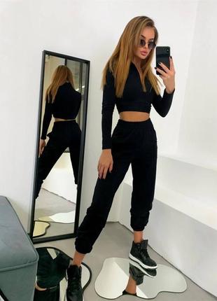 Стильный костюм с укороченным топом, цвет: черный, оливка, беж, размер: 42-44, 46-48