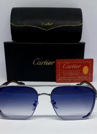 Очки в стиле cartier мужские солнцезащитные серо синий градиент зеркальные в серебристом металле в упаковке2 фото