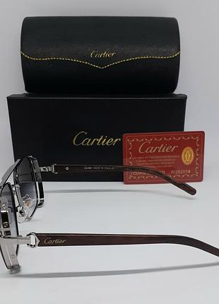Очки в стиле cartier мужские солнцезащитные серо синий градиент зеркальные в серебристом металле в упаковке4 фото