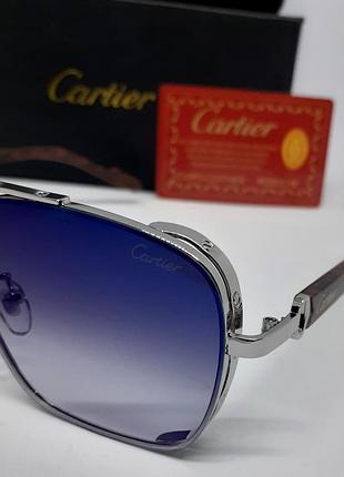 Очки в стиле cartier мужские солнцезащитные серо синий градиент зеркальные в серебристом металле в упаковке3 фото