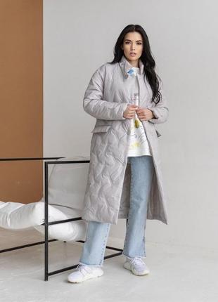 Жіноче довге пальто сіре стьобане плащівка розміри 40-507 фото