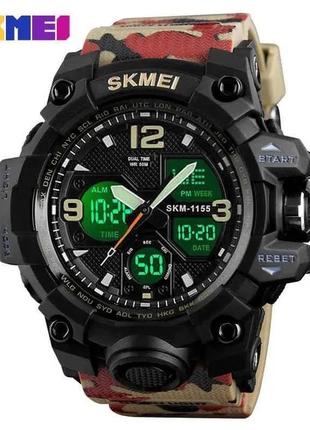 Спортивные тактические водостойкие часы skmei 1155 b черный, ремешок песочный камуфляж1 фото