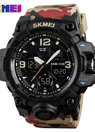 Спортивные тактические водостойкие часы skmei 1155 b черный, ремешок песочный камуфляж2 фото