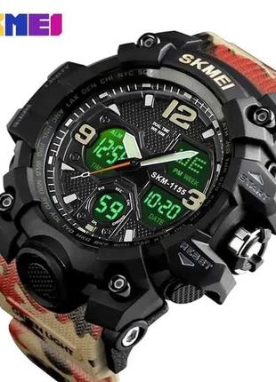 Спортивные тактические водостойкие часы skmei 1155 b черный, ремешок песочный камуфляж3 фото