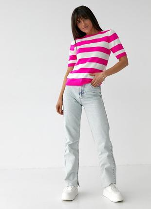 Женская футболка в широкую яркую розовую полоску5 фото