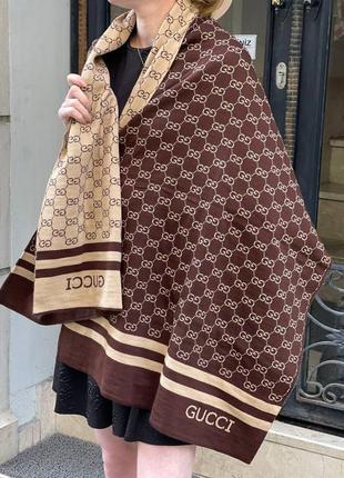 Шарф двухсторонний коричневый кашемировый женский 190*70 в стиле gucci гуччи палантин