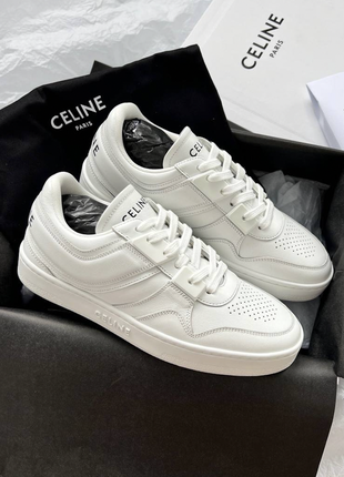 Женские белые короткие кожаные кроссовки celine ct-02 mid  селин кеды на шнуровке кожа