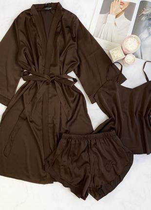 Шелковый пижамный комплект халат и пижама, красивый комплект для дома из шелка пижама майка, шорты и халат2 фото